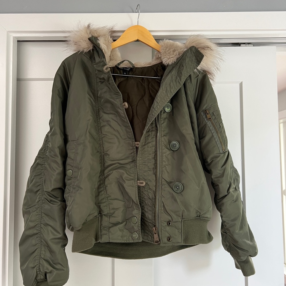 Olive Green Fur-Trimmed Bomber Jacket